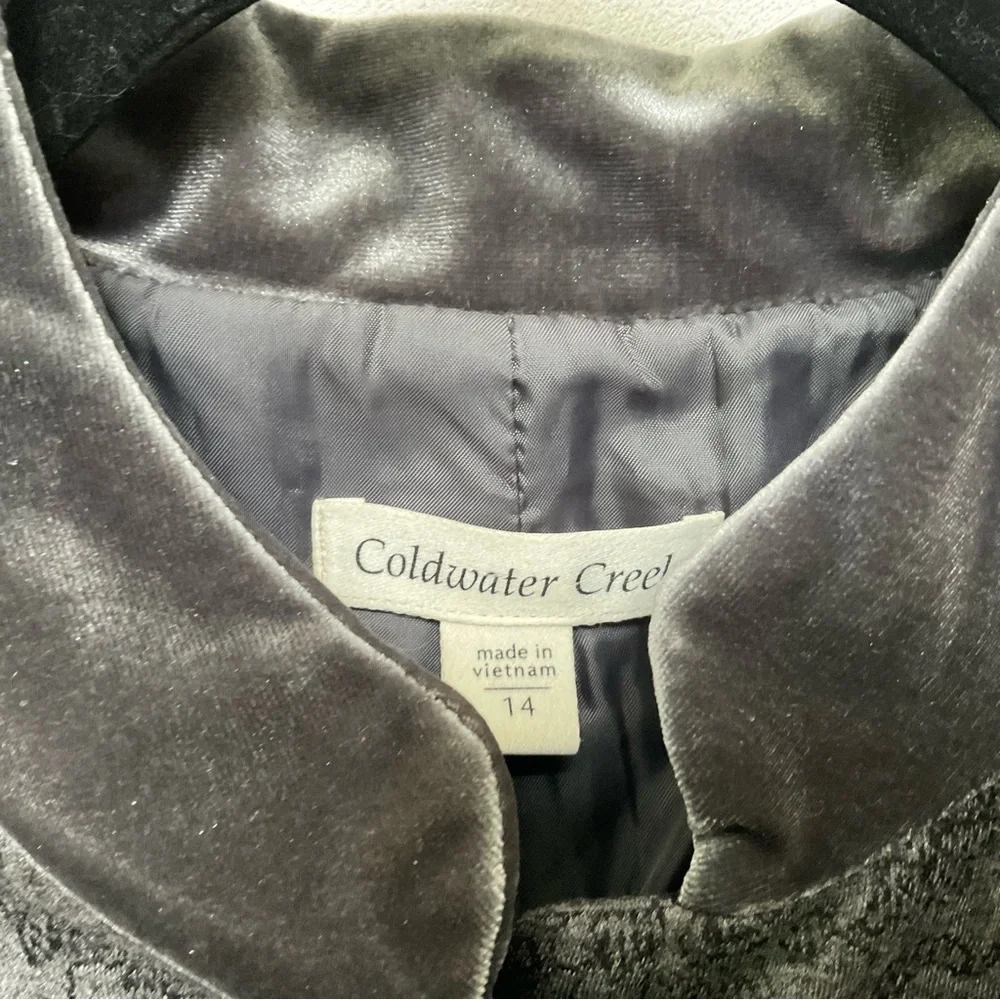 Coldwater Creek Grey, Lace Print Button Up Jacket with Velour Trim Size 14
